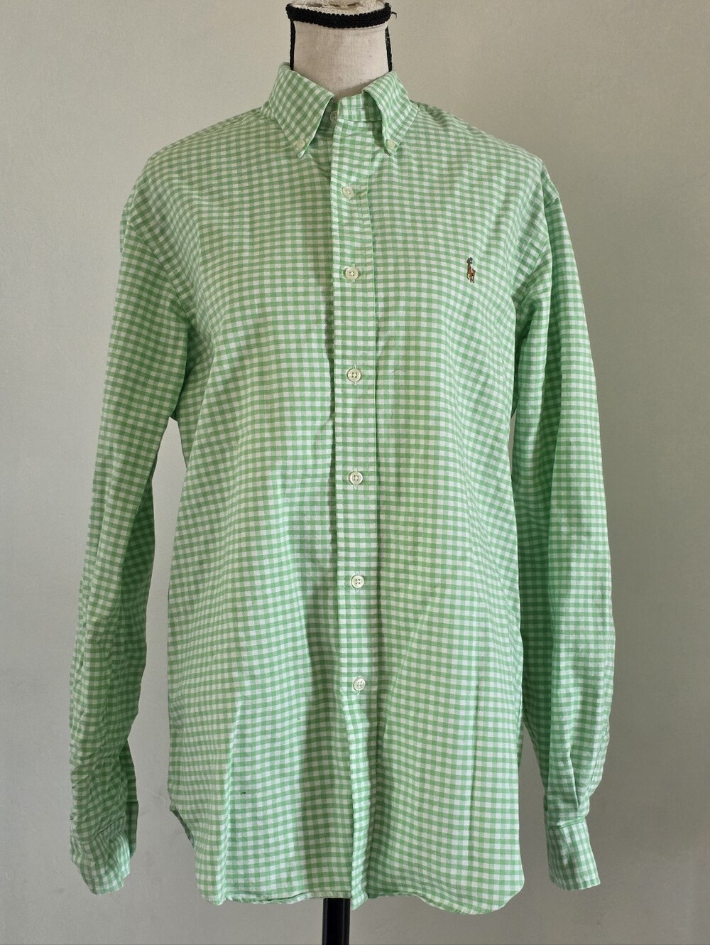 Polo Ralph Lauren Gingham Oxford Shirt Men's Medium Green White Long Sleeve